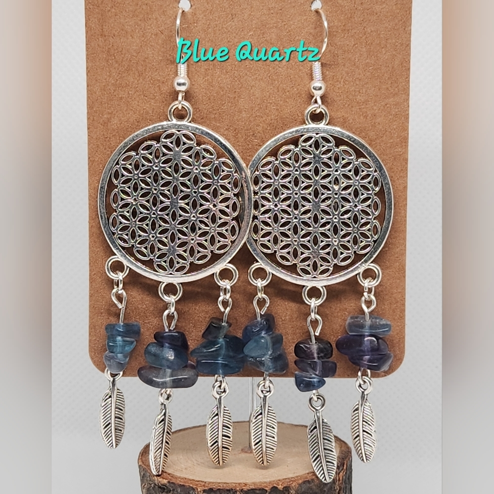 Feather earrings, sterling silver hooks, gemstone and crystal accents